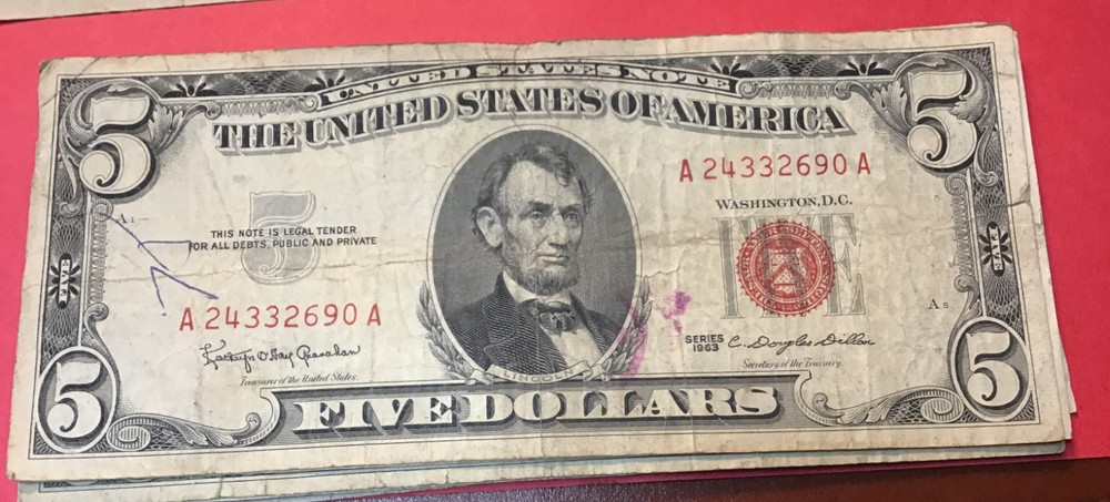 1963 Five Dollar Red Seal $5 Red Seal Note US, 1 Note