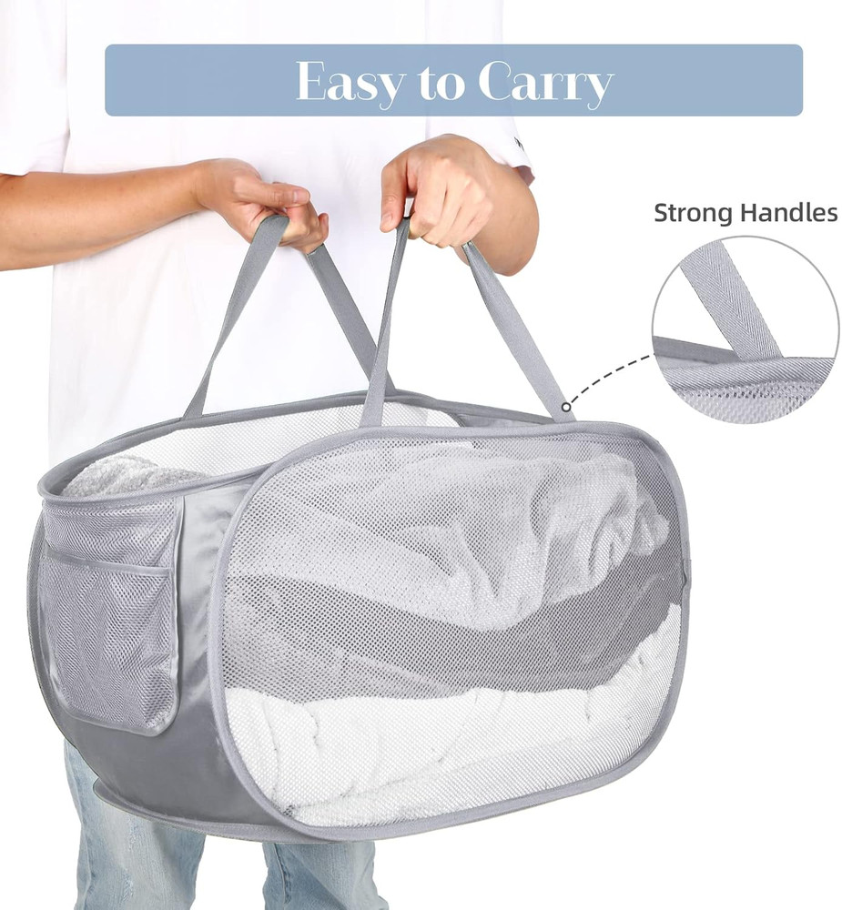 Durable Collapsible Laundry Baskets, Mesh Pop Up Laundry Hamper with Side Pocket