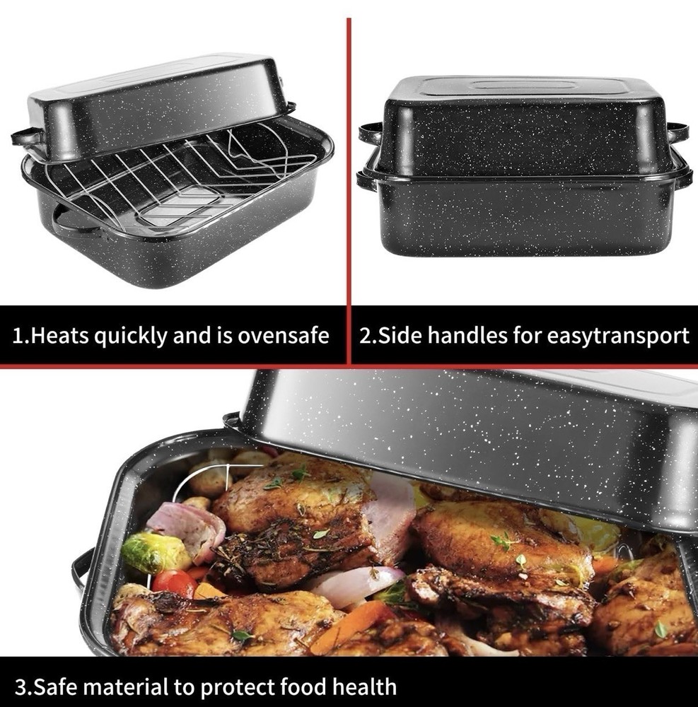 QPMR Roasting Pan with Rack, 21” Rectangular Granite Roaster Pan, 25lb Capacity