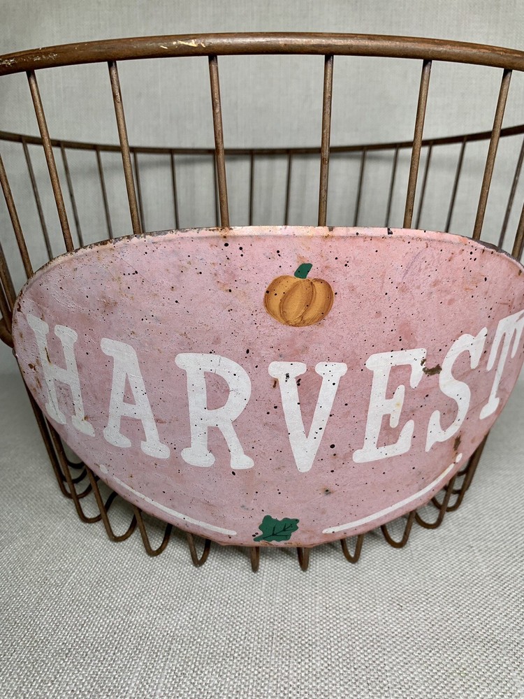 Large Round Primitive Rustic Egg Harvest Gathering Wire Basket With Bail Handle