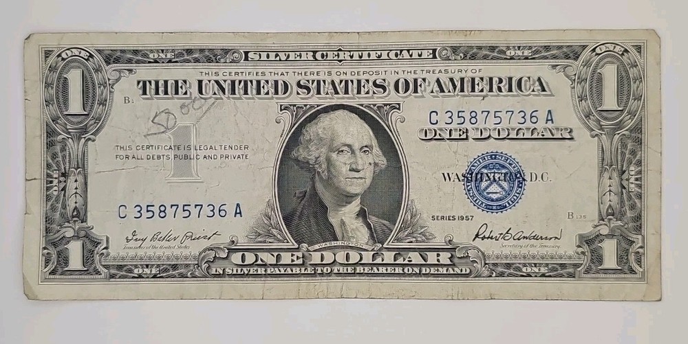 1957 One Dollar Well Circulated Silver Certificate Note - $1 Bill
