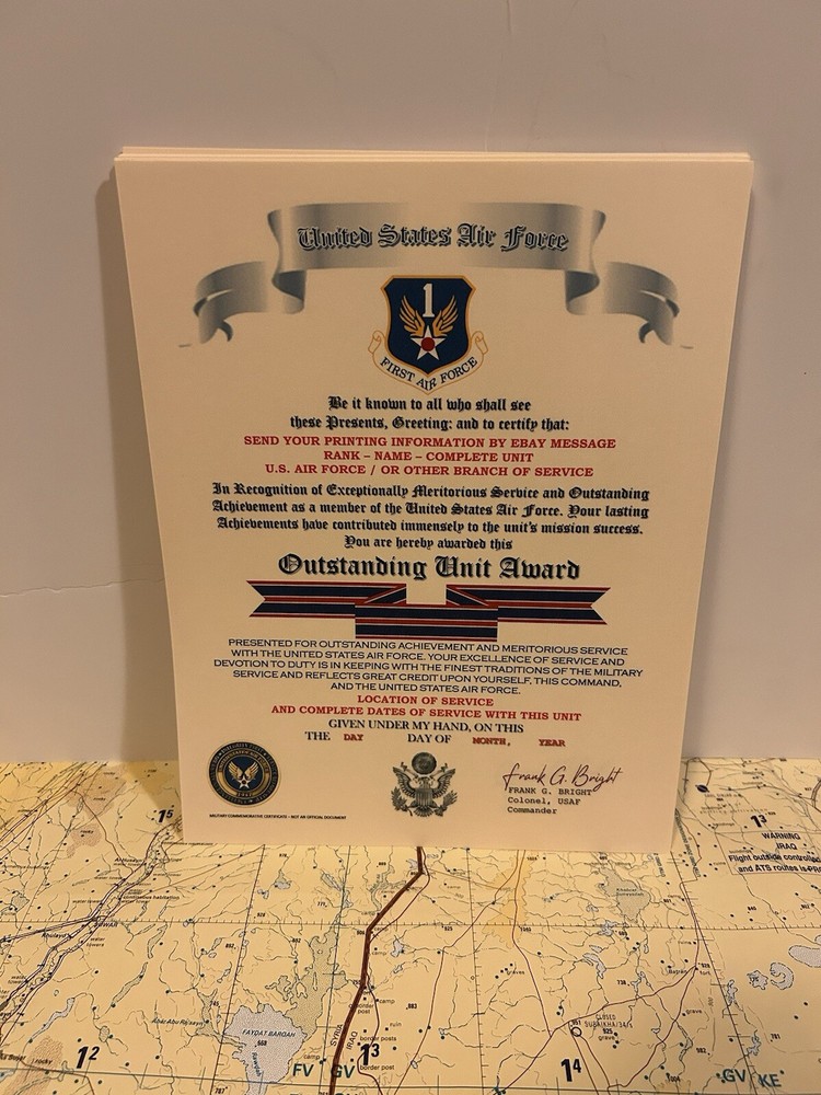 U.S. AIR FORCE / FIRST AIR FORCE - OUTSTANDING UNIT AWARD CERTIFICATE