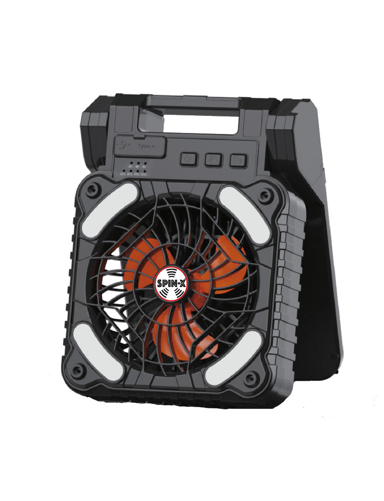 Spin-X Portable Solar Fan with LED LIGHTS Rechargeable Batteries/Timer/Handle