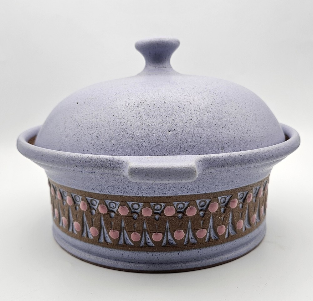 Signed Studio Pottery Dish w/ Lid ~ Unique Lavender Handled Dish & Dome Lid DWL