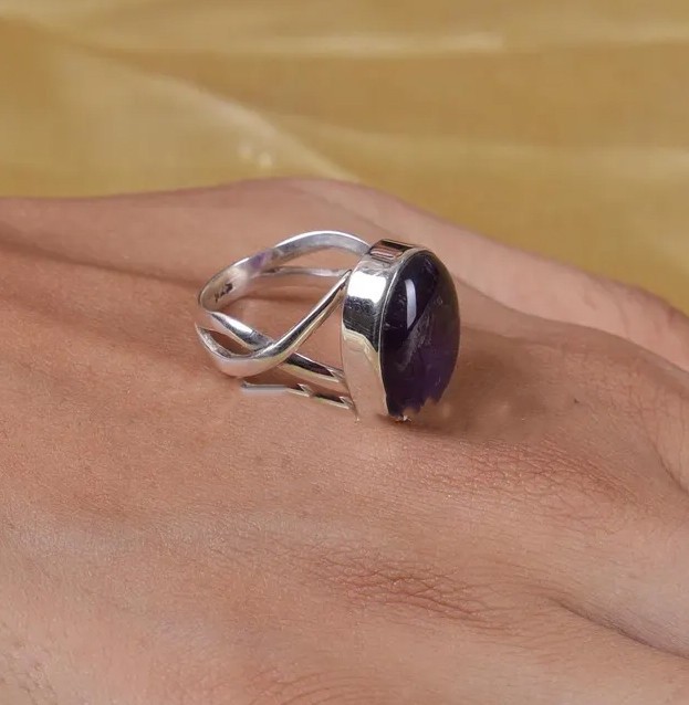 Solid 925 Sterling Silver Natural Amethyst Oval Gemstone Statement Handmade Ring