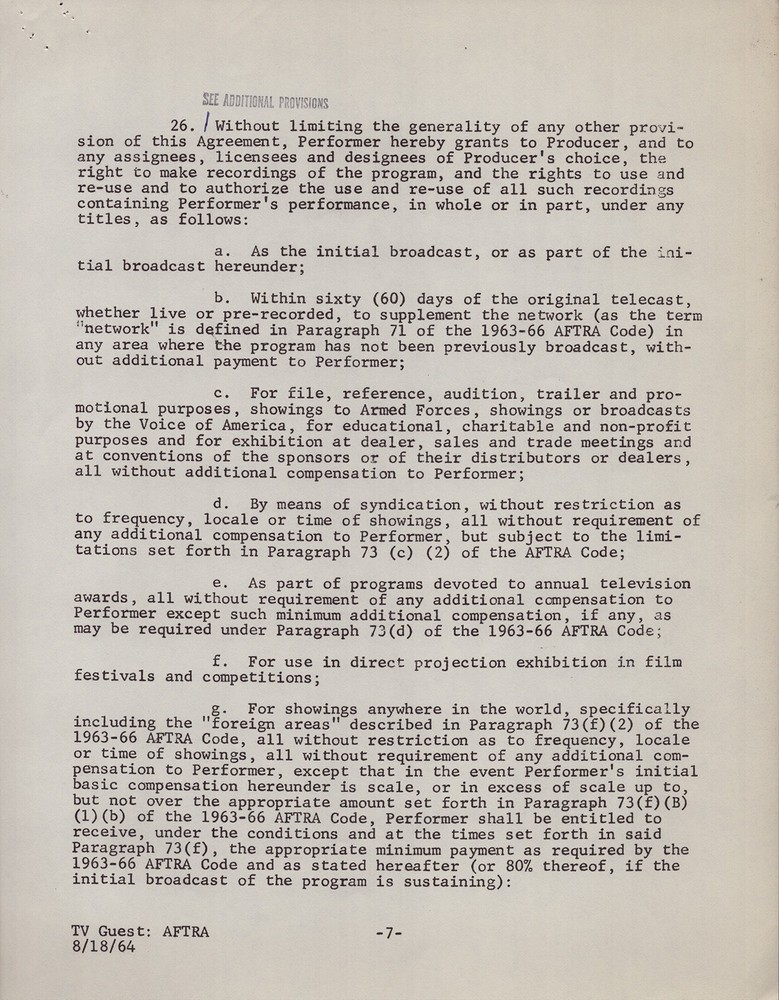DONALD O'CONNOR - CONTRACT DOUBLE SIGNED 02/03/1967