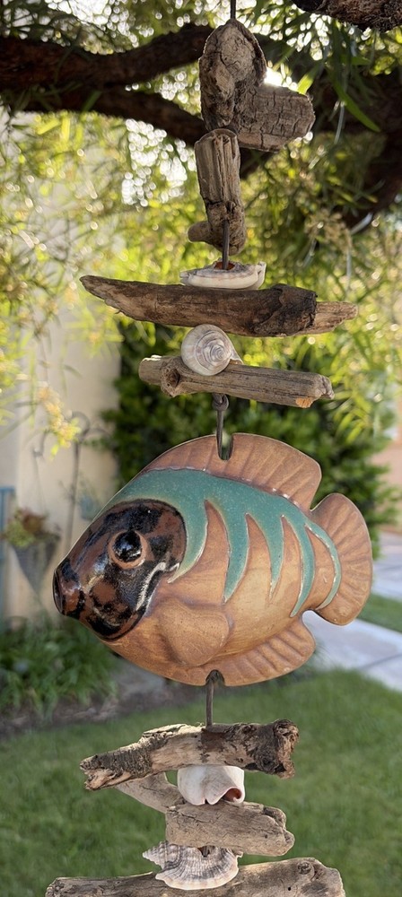 Hazel Olsen Attributed Driftwood Fish Pottery Shells Wind Chime Wall Hanging