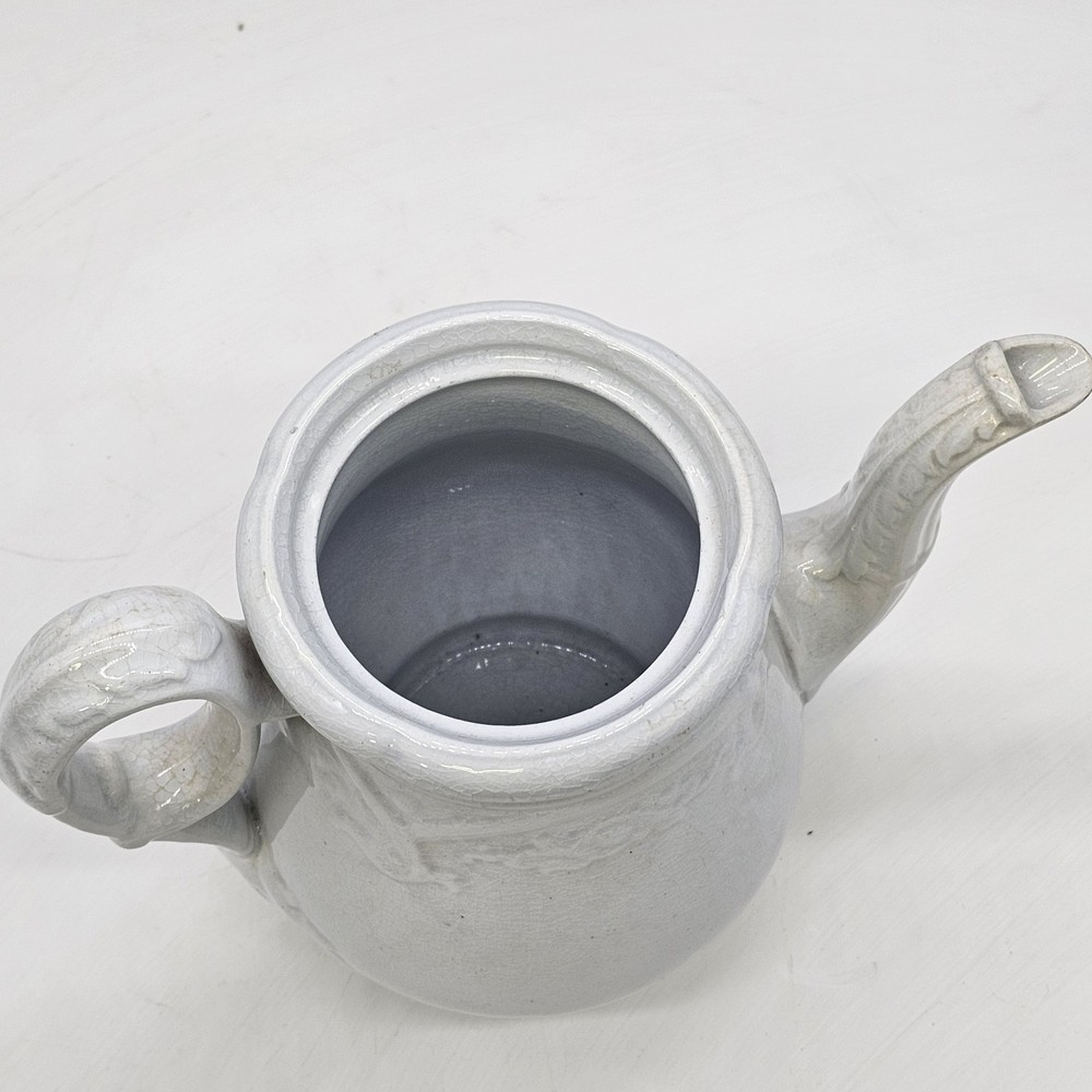 Early White Ironstone Teapot Molded Vine Like Scroll Relief Pattern