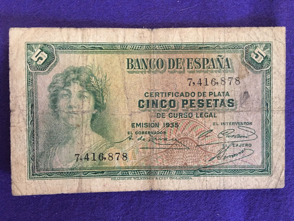 SPAIN 1935 5 PESETA NOTE