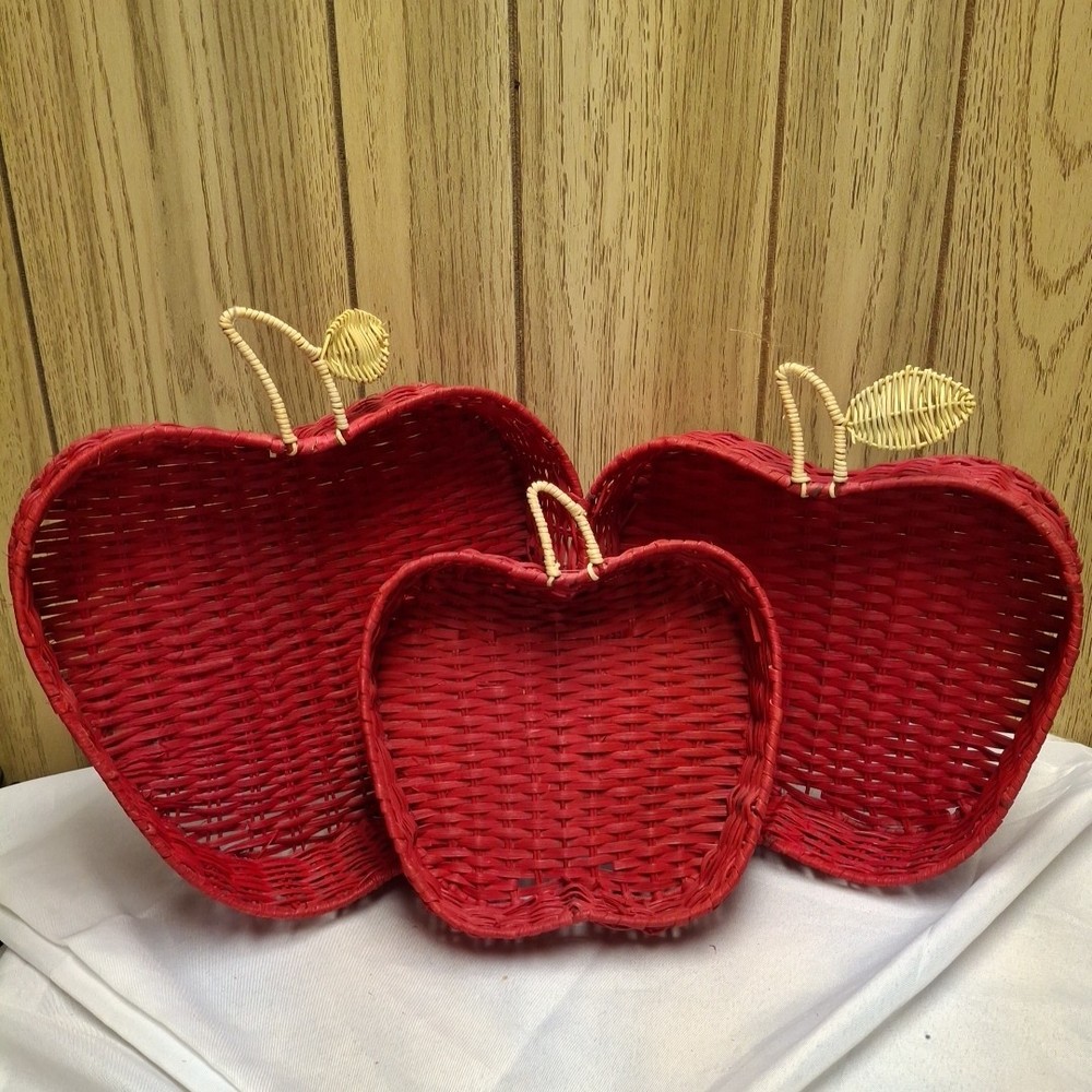 Set of 3 red apple shaped nesting woven baskets Small Medium Large