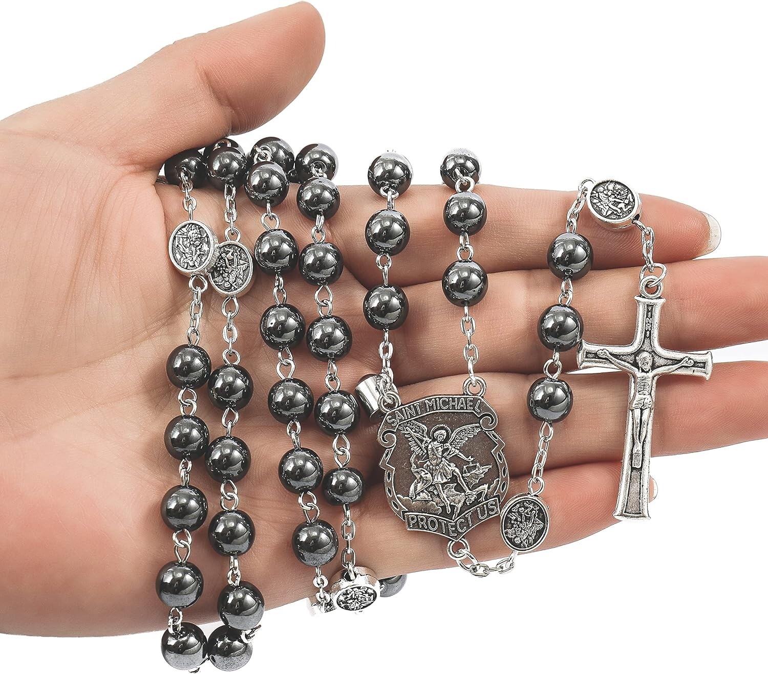 Hematite Black Stone Beads Rosary Necklace with St Michael Centerpiece, Crucifix