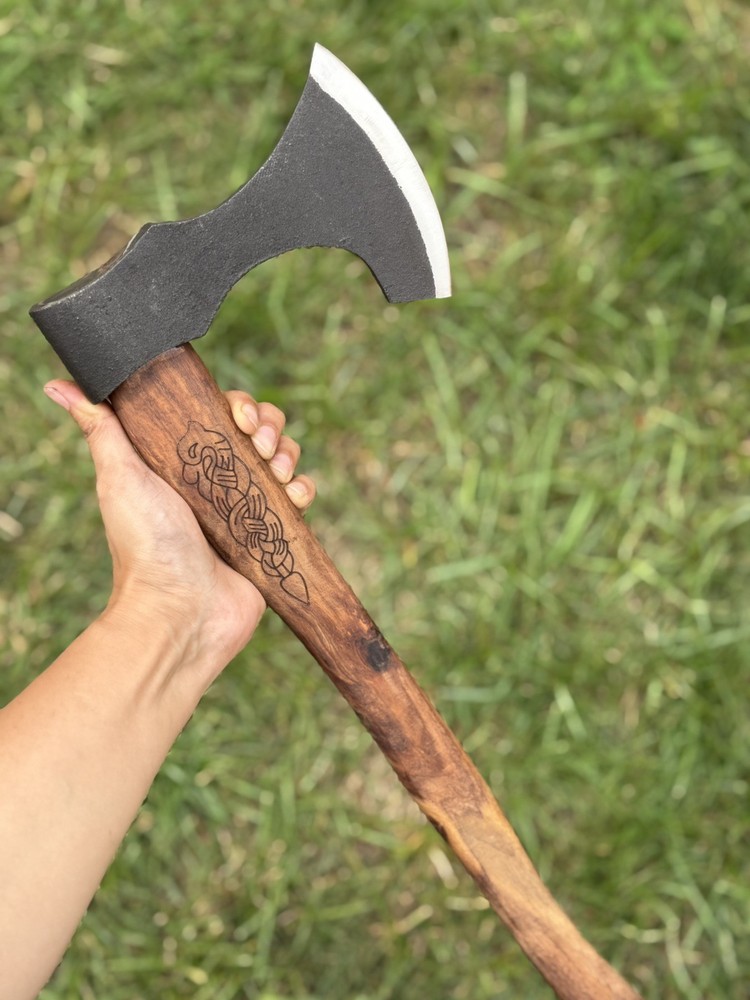 Custom Handmade Carbon Axe Engraved Handle With Leather Sheath