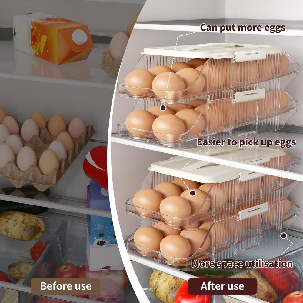 Automatic Rolling Egg Holder for Fridge, Clear 2 Row 3 layers (42 Eggs)