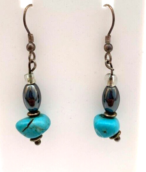 Hand Crafted Turquoise Hematite Beaded Drop Earrings 1.5"