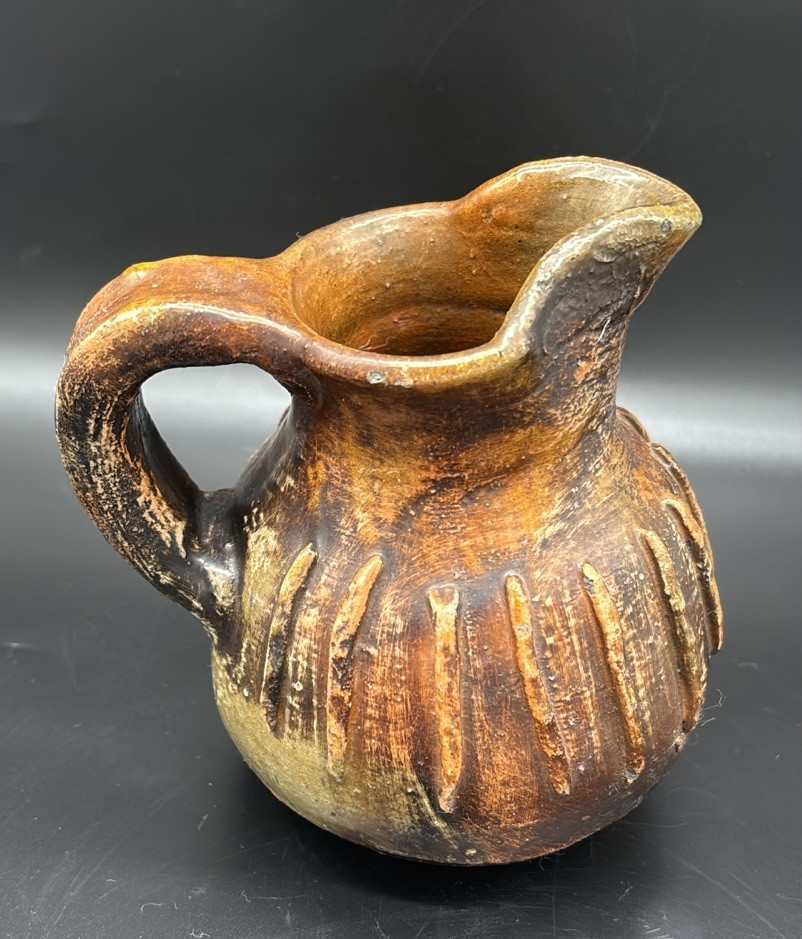 Rustic Primitive Glazed Pottery Small Jug Pitcher Raised Ridges 6”