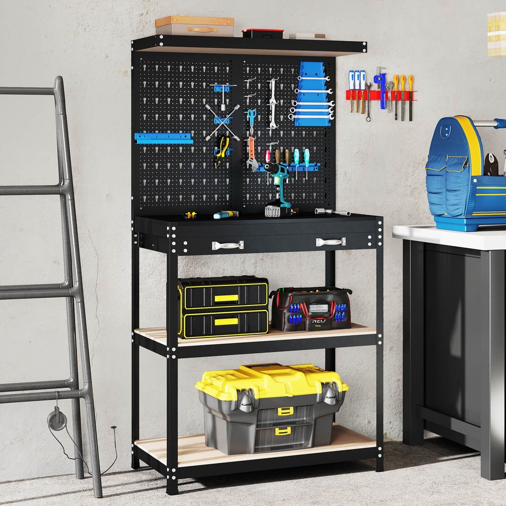 Multi-use Workbench with 2 Shelves Heavy-Duty Work Table Tool Storage Bench