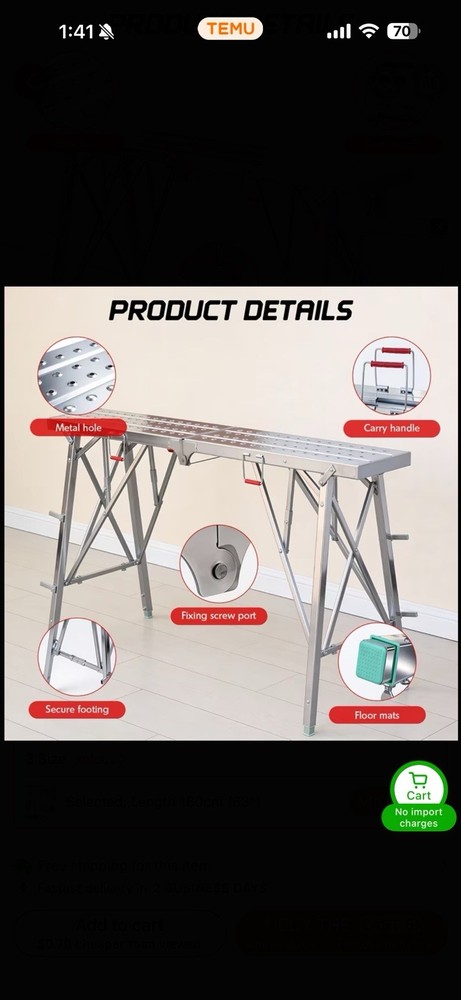 63” Portable Folding Scaffolding PlatformWork Bench Scaffold -Adjustable Height