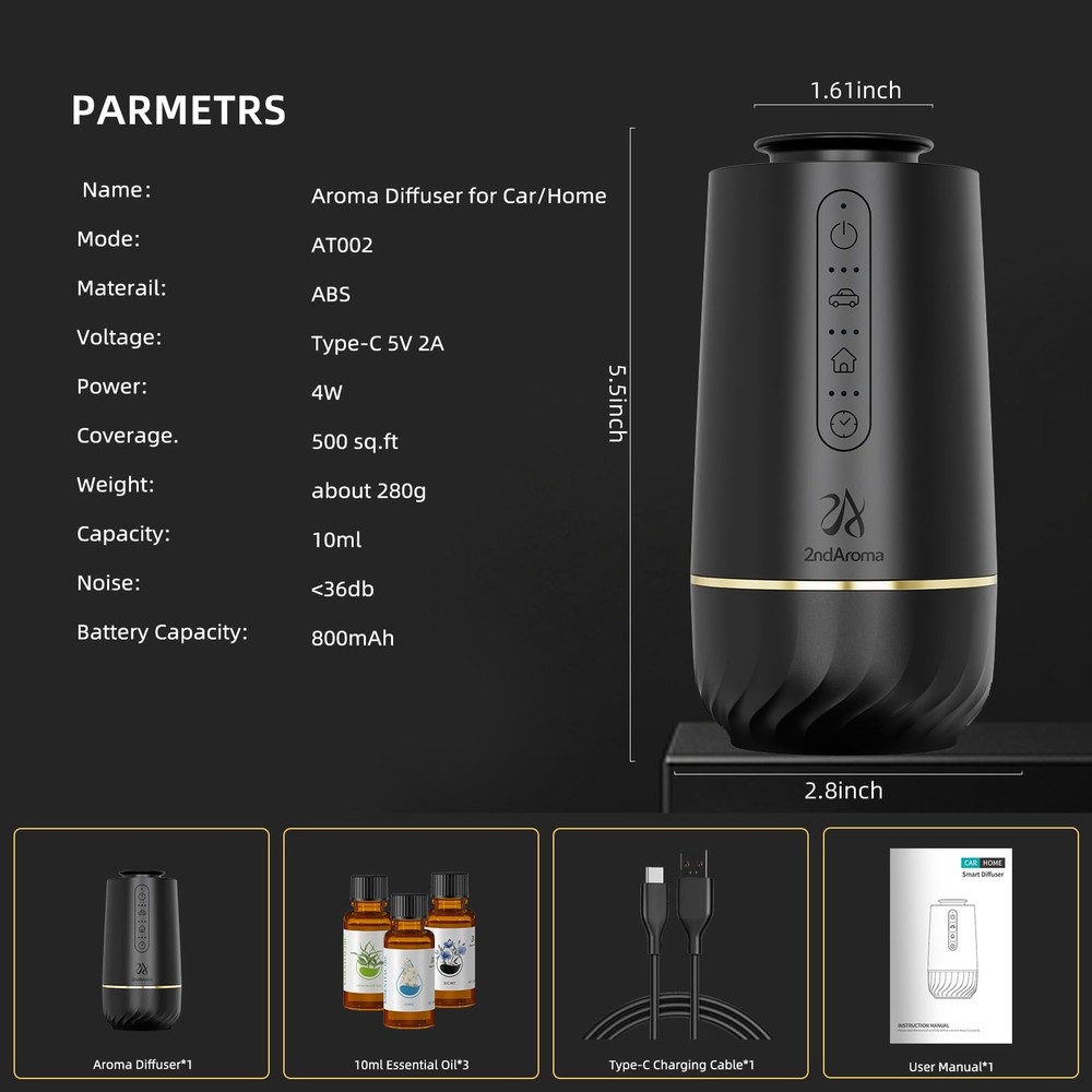2ndAroma Waterless Oil Diffuser, Portable Car Diffusers for Essential Black