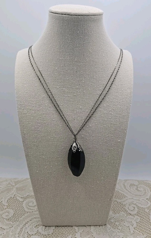 Vintage Extra Long Double Layer Silver Tone Chain W/ Oval Black Pendant 32"