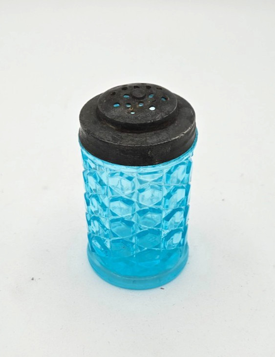 EAPG Blue Glass Salt Shaker Waffle Pattern