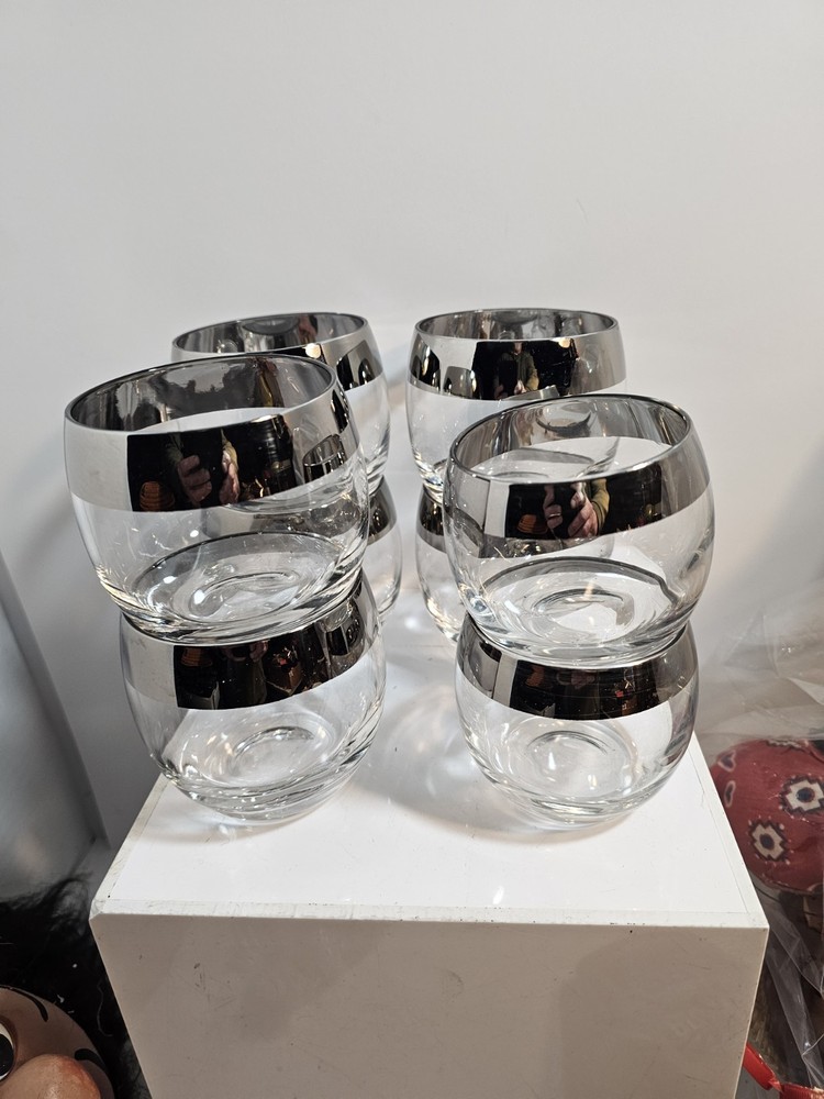 8 Vintage MCM Silver Band Roly Poly Glasses Barware. 2 Smaller