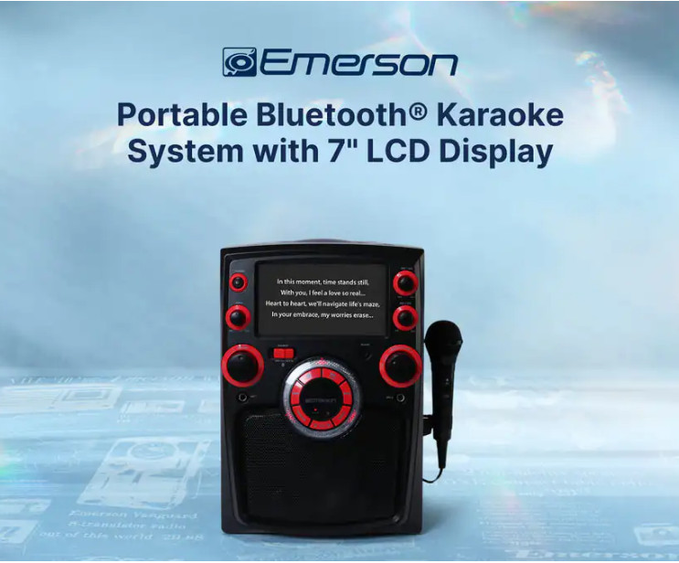 Emerson Portable Bluetooth Karaoke System w 7" LCD Display and Carrying Handle