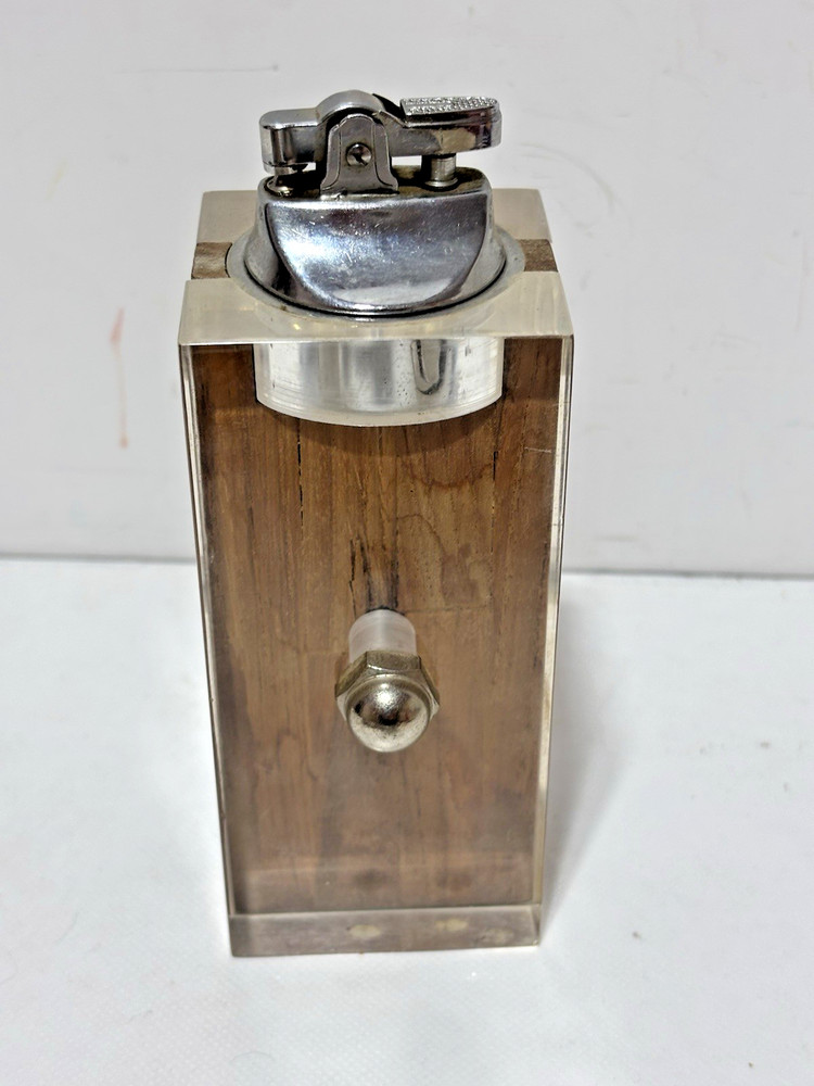 MCM Coaster Ash Tray & Table Lighter Clear Thick Plastic Teak Wood Set