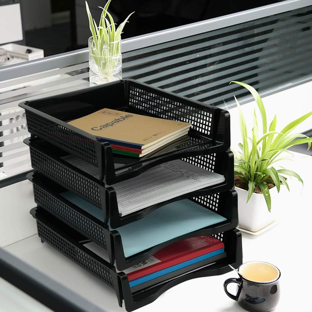 6-Pack Black Plastic Stackable Paper Tray/Basket, Stackable Office Lletter Organ