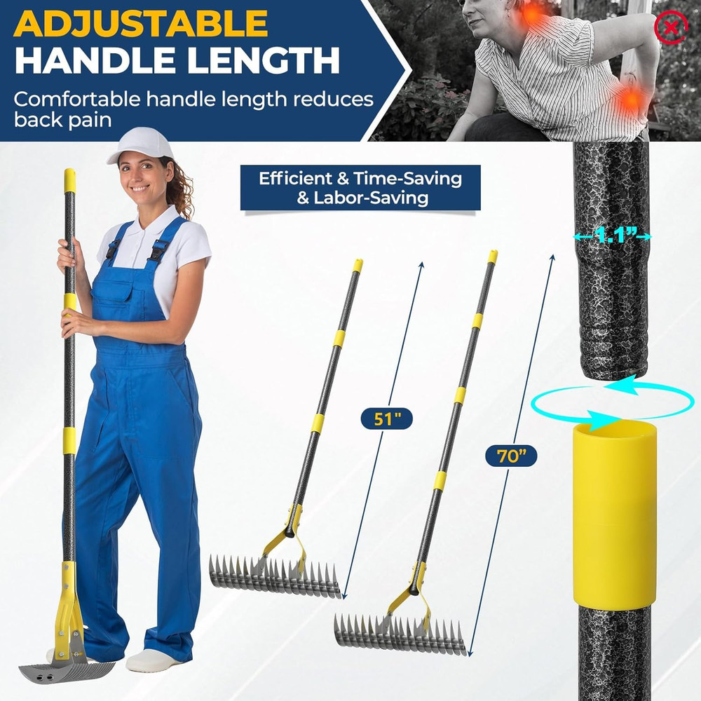 70" Heavy Duty Metal Dethatcher Rake with 15" Double-Edged Sharp Tines