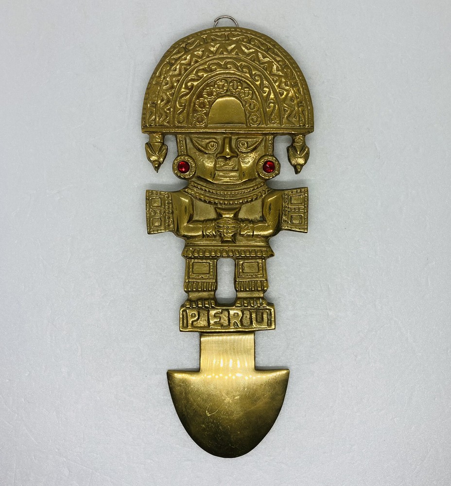 Rare Brass Peruvian Wall Art Blade Knife Ruby Gem Stone Earrings 10.5” Decor 18