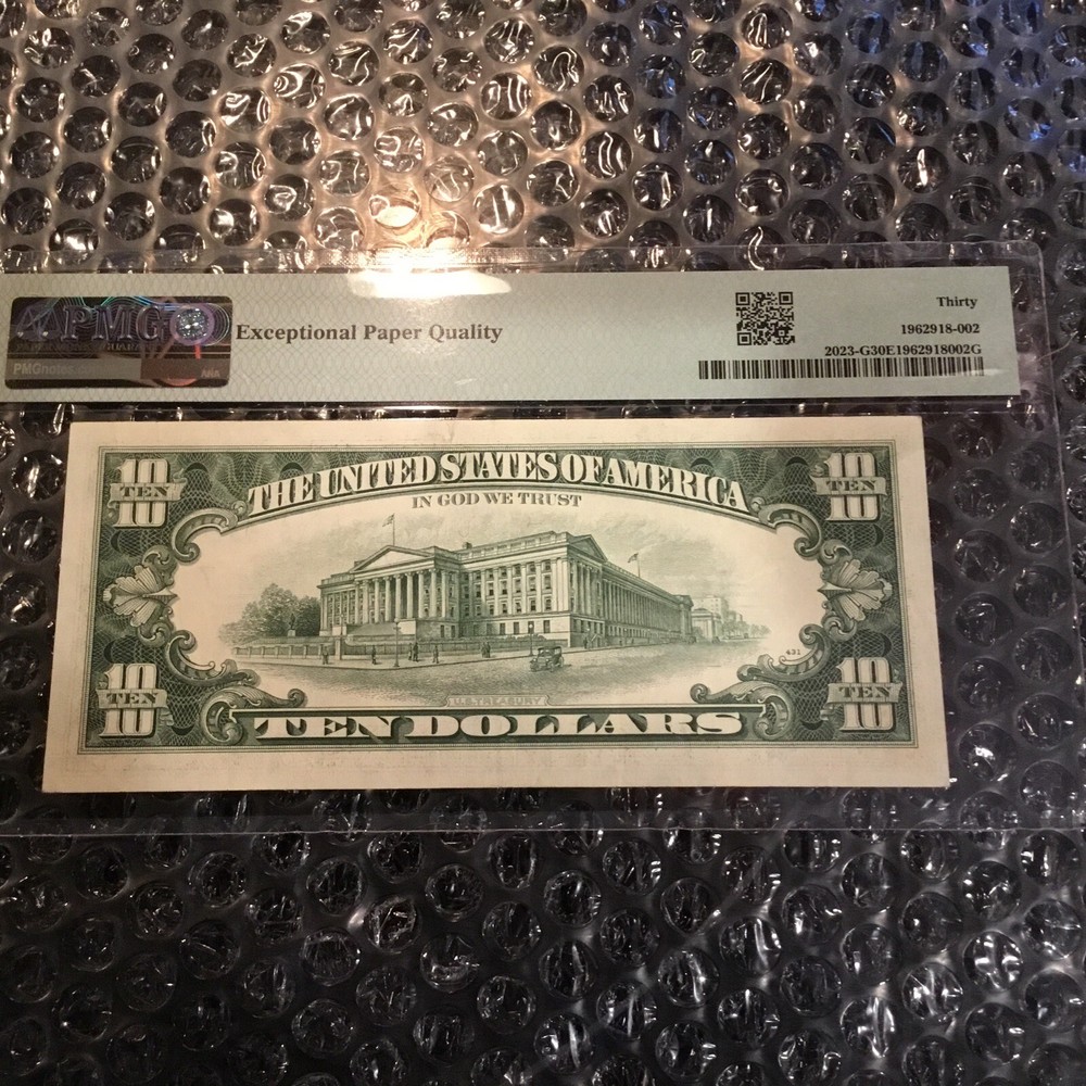 $ 10 1977 Federal Reserve Note Chicago PMG 30 MISALIGNMENT ERROR