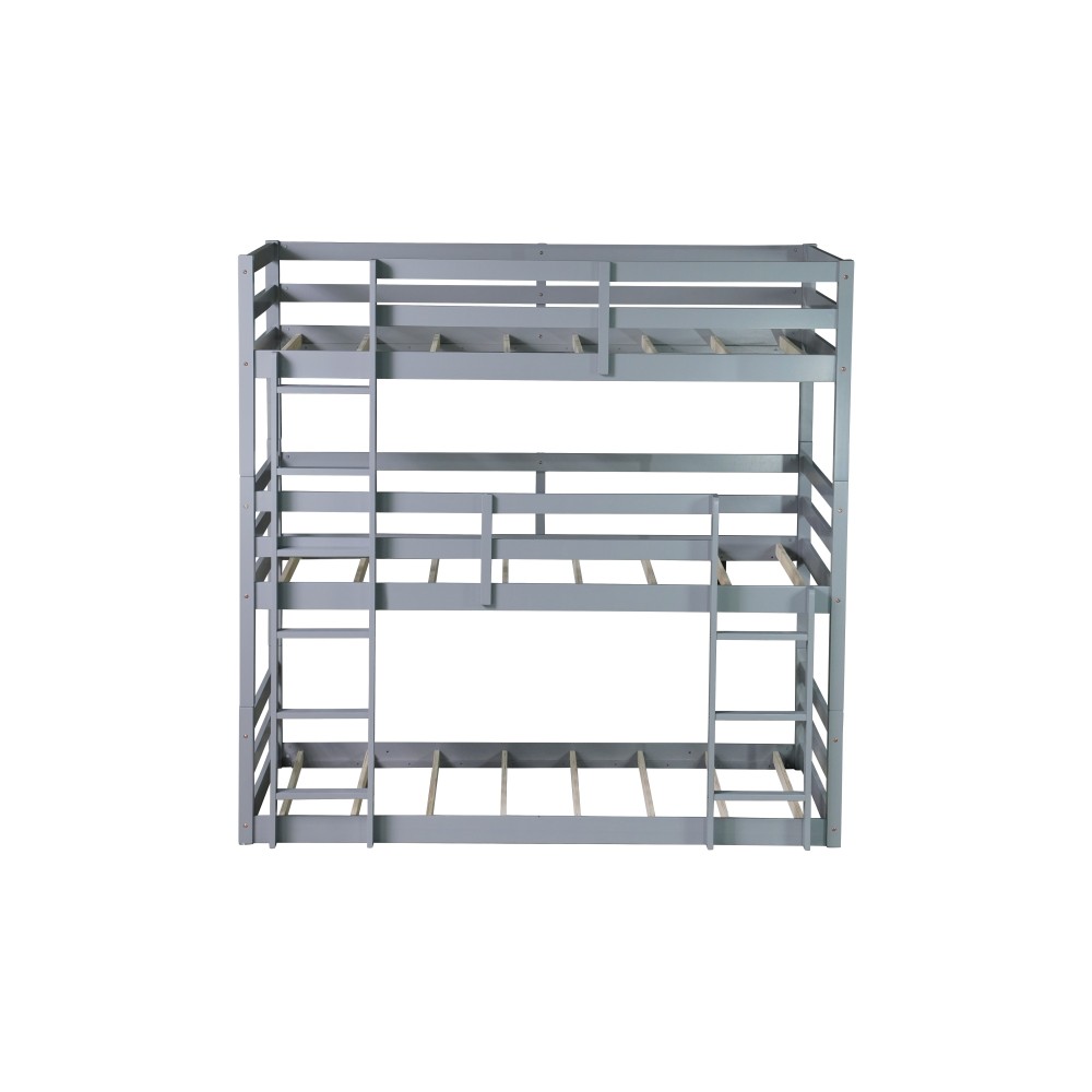 Triple Twin Bunk Bed w/ 2 Ladders, Guardrails, Detachable Grey Frame