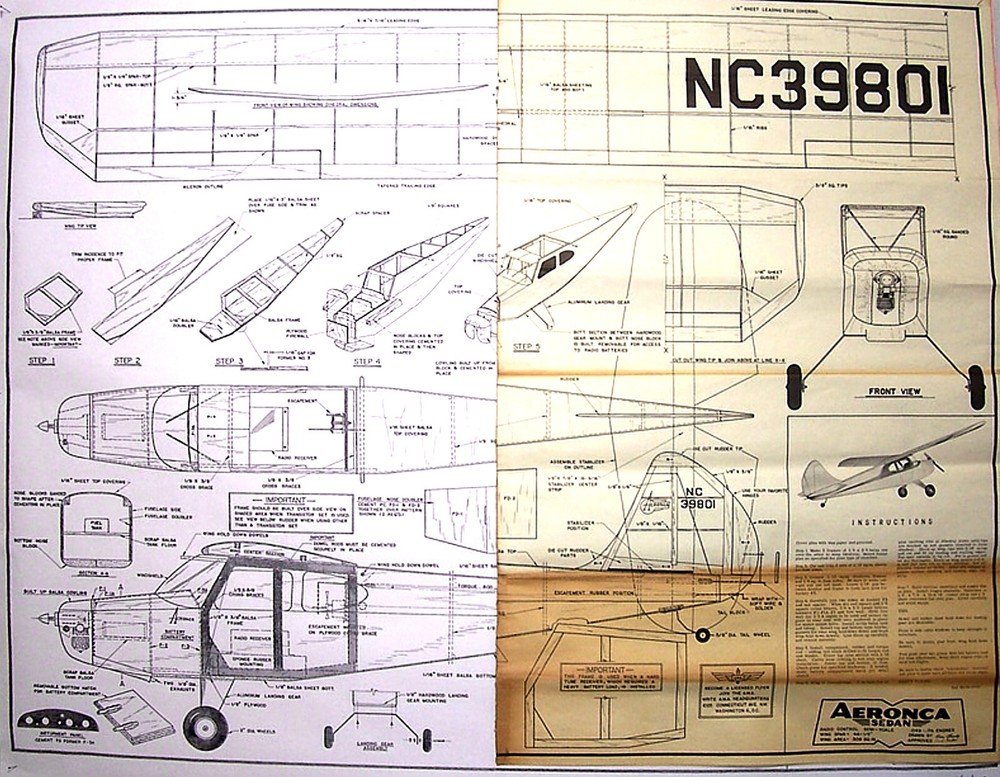 AERONCA SEDAN PLAN & PATTERNS + CONSTRUCTION ARTICLE for 47" RC Model Airplane