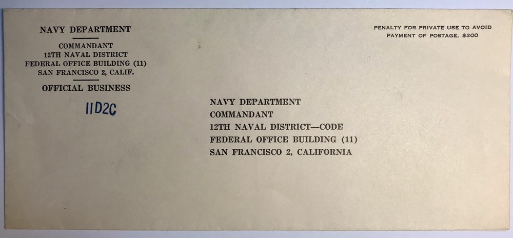 1944 Empty Envelope Navy Dept Commandant WWII Navy Officer Military