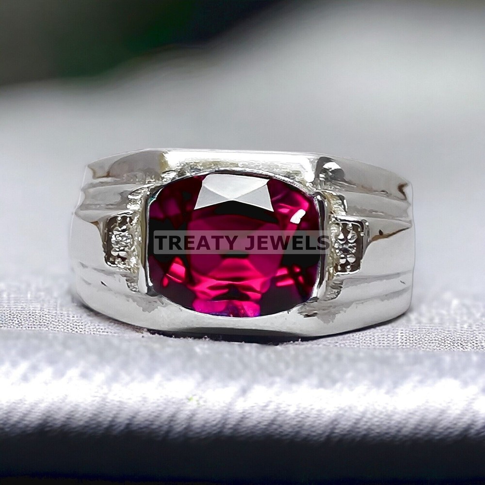 Ruby Cushion Cut Gemstone With 14K Solid White Gold Ring For Men's #976