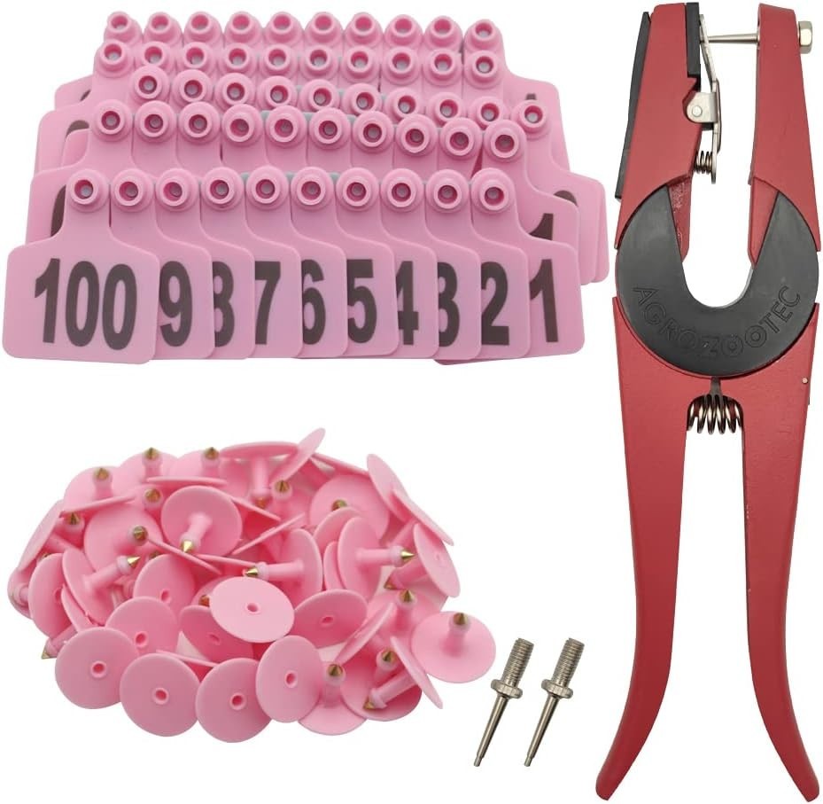 Round Cattle Ear Tags 001-100 with Applicator - Pink Tagging Solution