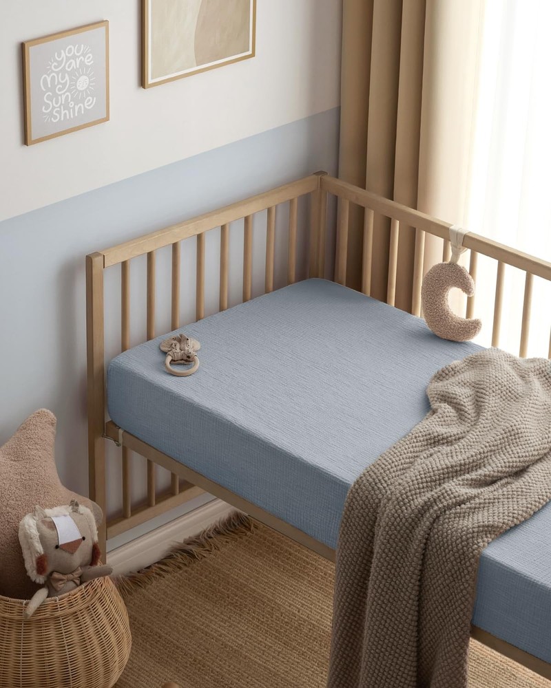 Blissful Diary Muslin Crib Sheets for 2 Pack, Light Blue & Grey
