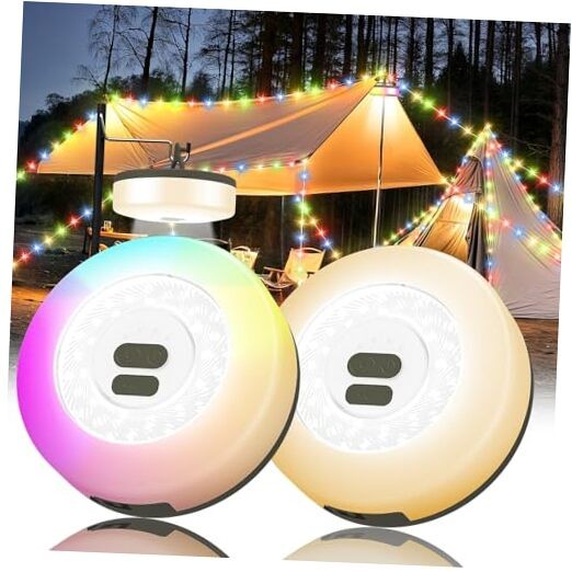 2Pack Camping String Lights, 4 in 1 Quick Storage 32.8FT 2PACK Warm & RGB