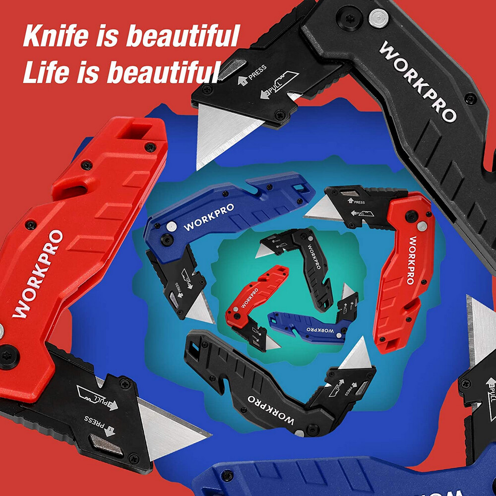 WORKPRO Folding Utility Knife Quick-Change Blade Wire Stripper Gut Hook 10 Blade
