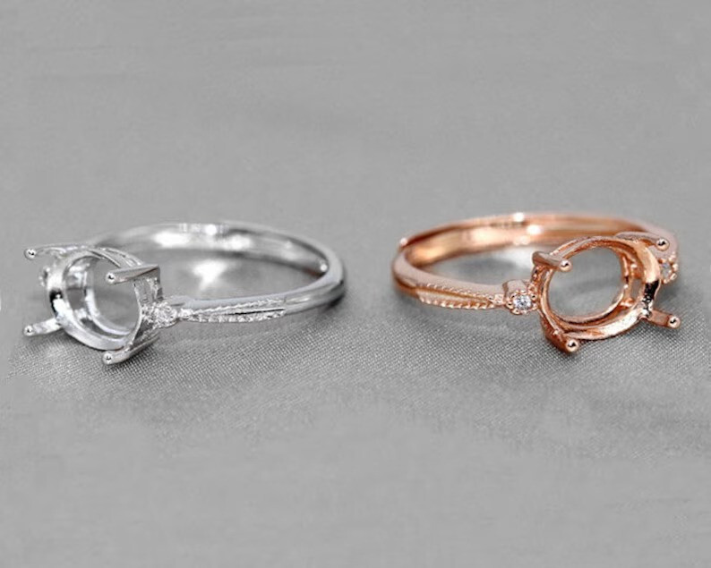 925 Sterling Silver Ring Base/Mount/Setting, Oval Shape, Rose/White Gold Patead.