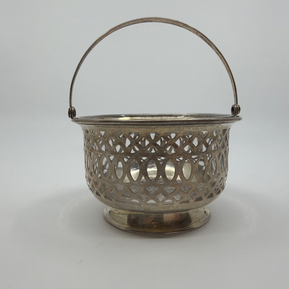 Sterling Silver Basket with Handle And Glass Insert