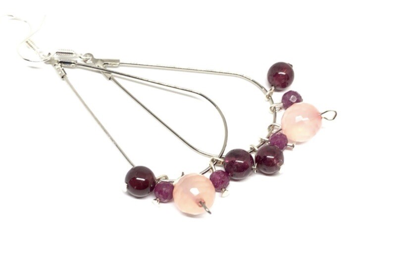 Ruby, Red Garnet, & Rose Quartz Genuine Stone Handmade Earrings