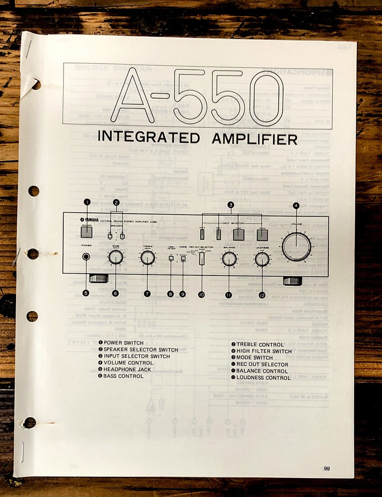 Yamaha A-550 Amplifier Adjustments Schematic Specs Manual *Original*