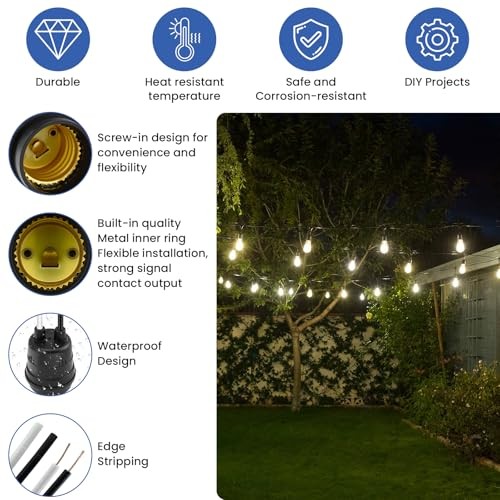 5Pcs Fully Sealed Waterproof Pigtail Lamp Socket | E26/E27 Black Base E27, 5Pcs