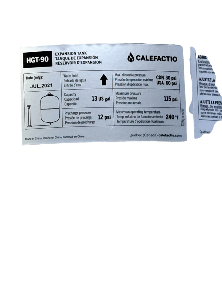 CALEFACTIO, HGT-90, FIXED BLADDER, EXPANSION TANK, 13 GAL, 1 IN CONNECTION