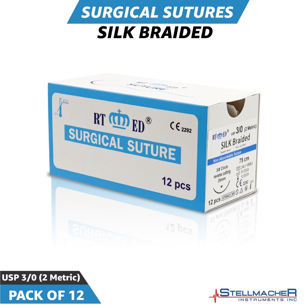 3/0 Silk Suture Practice Thread Kit Sterile Sutures Threads & Needle 12 Pack