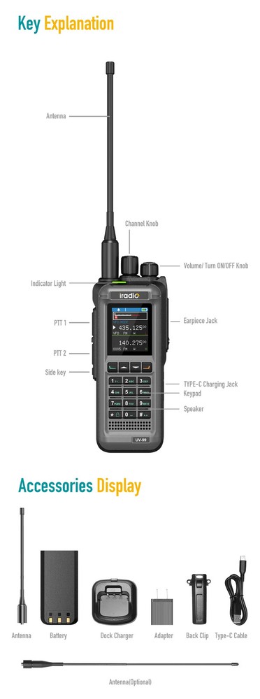 UV99 Protable Transceiver Green 20W Long Range Waterproof Type C AM FM Intercom
