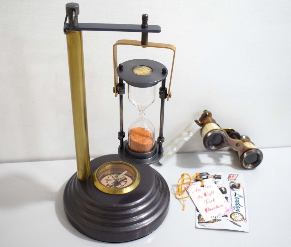 Rotating Brass Hourglass W/Built-in Compass & Swing Function -Orange Sand Inside