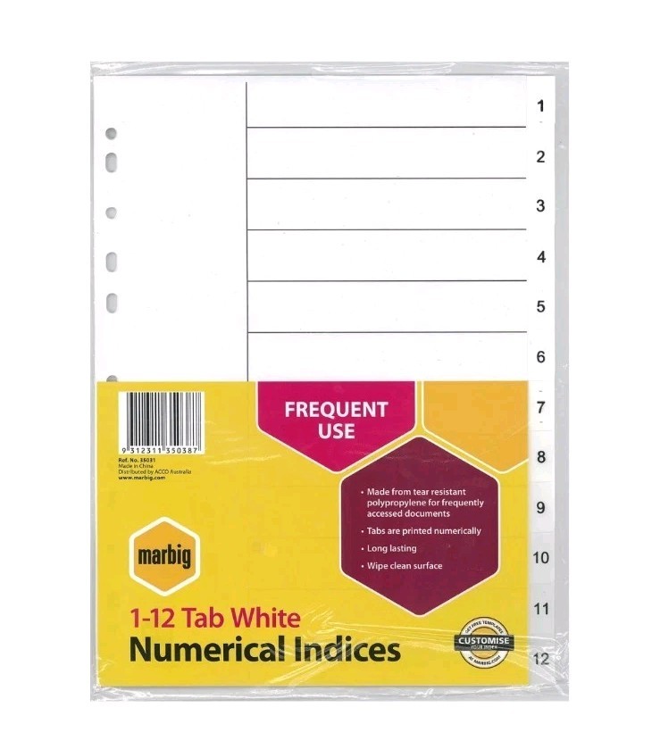 Marbig A4 1-12 Tab Dividers Polypropylene - White Tabs