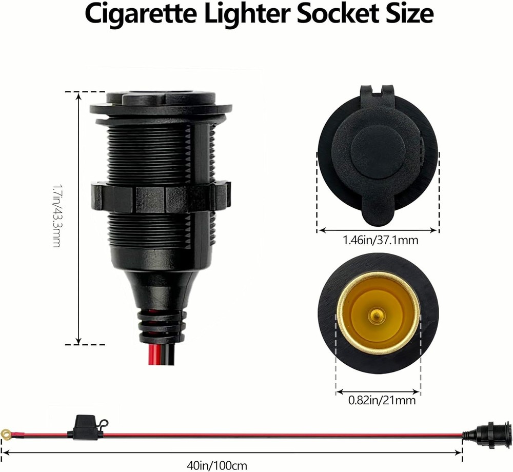 SSGP Heavy Duty 12AWG 12V Fixed Thread Cigarette Lighter Socket Replacement & Ex